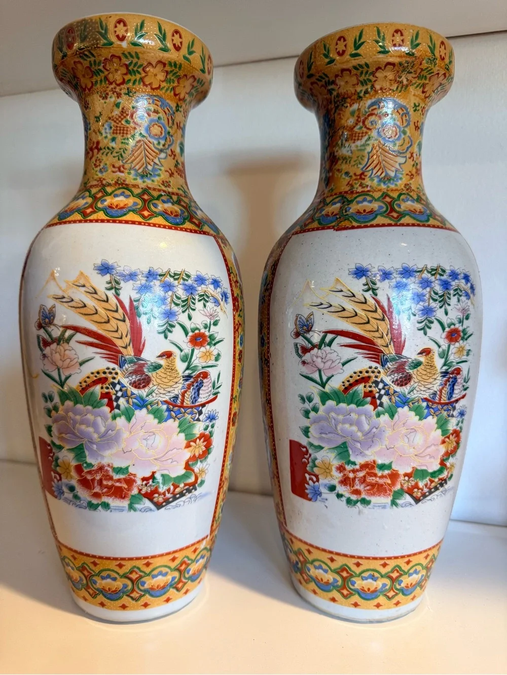 Pair Vintage Japanese Satsuma Style Porcelain Vases Hand Painted Birds Floral